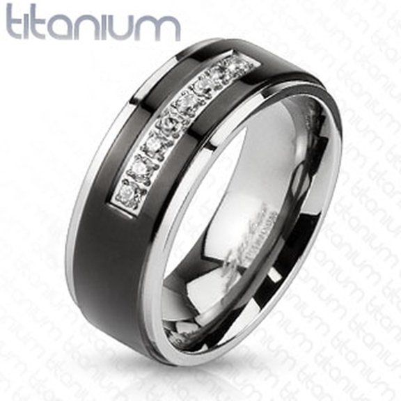 Men's Solid Titanium Black IP Center Cubic Zirconia Comfort Fit Wedding Band Size 11
