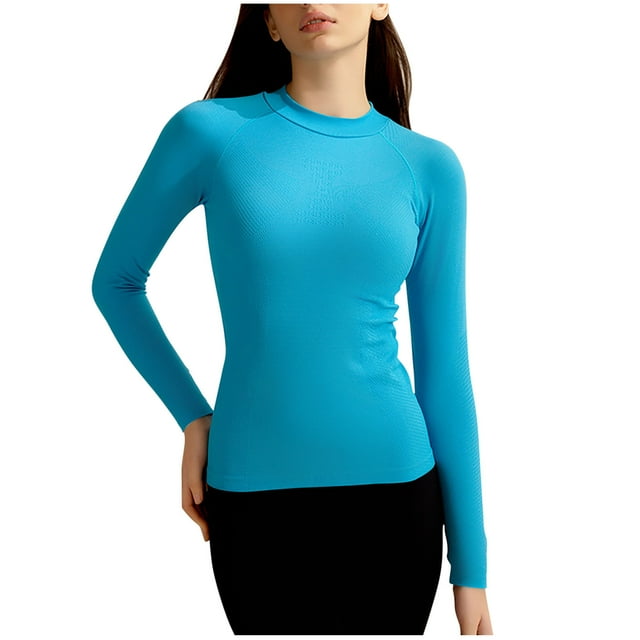 Tqyyweavej T-Shirts à Manches Longues pour Femmes Col Rond Ajusté Blouse Couleur Unie Chandail Décontracté Mode Automne Basique
