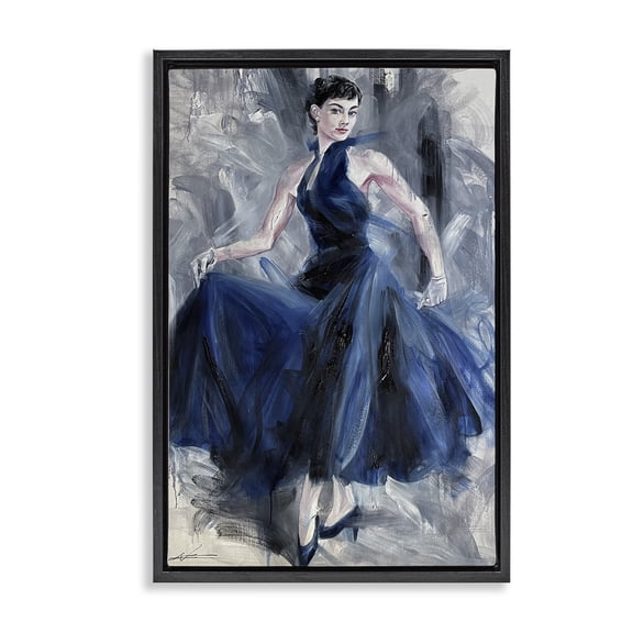 Stupell Industries Stylish Woman in Blue Dress People Painting Black Floater Framed Canvas Art Print Wall Art, 17 x 25