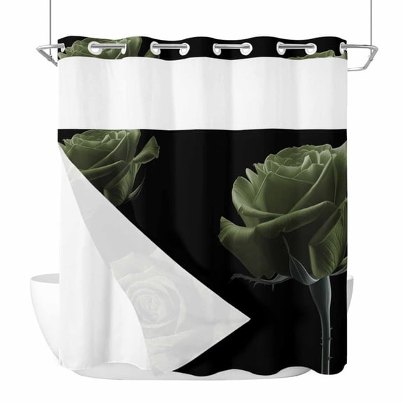 No Hook Shower Curtains with Snap-in Liner Set, Sage Green Rose Waterproof Hotel Bathroom Shower Curtain, Vintage Abstract Garden Flower Floral Black Mesh Top Window Bath Curtains 72''x78''