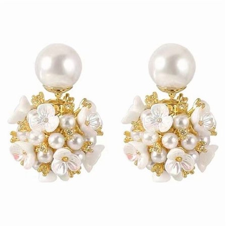 Tepsmf Shell-Flower Pearl Earrings Ball Pearl Double Sided Stud Front Back Earrings For Women 14k Gold Plated Inlaid Created Zircon