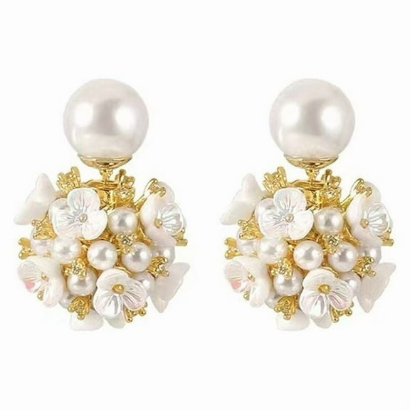 Tepsmf Shell-Flower Pearl Earrings Ball Pearl Double Sided Stud Front Back Earrings For Women 14k Gold Plated Inlaid Created Zircon