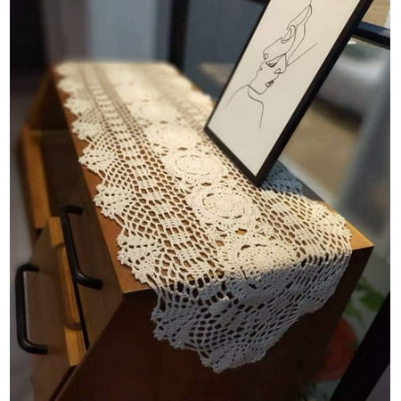 

White Handmade Crochet Cotton Table Runner Lace Doilies Doily Oval Dresser Scarves 11.8 by 63 Inches.