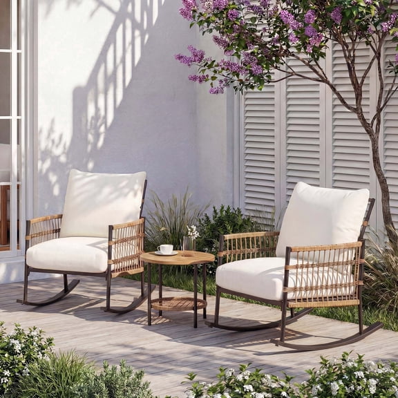 KAMEROUT 3 Pieces Patio Conversation Set, Outdoor PE Wicker Patio Furniture with Beige Cushions for Porch Garden Backyard