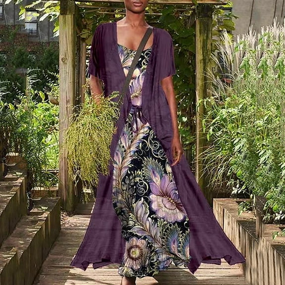 asdoklhq Plus Size Dresses for Women,Women's Casual Chiffon Short Sleeve Loose Two-Piece Dress With Straps