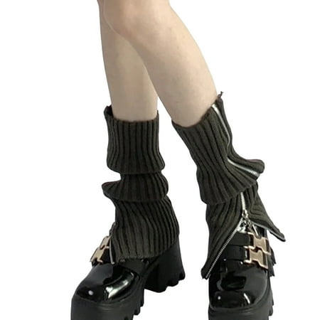 

1 Pair High Socks Harajuku Style Side Zipper Solid Color Japanese High Stretchy Keep Warm Comfortable Women Knit Winter Warm Long Boot Socks for Daily Life Grey