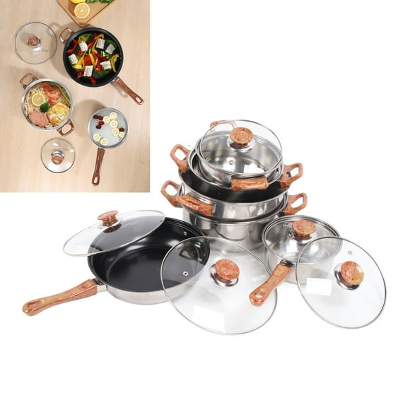 Pots Pans Set, Stainless Steel Pots Pans Set Glass Phenolic Plastic Woodgrain Model for Cooking