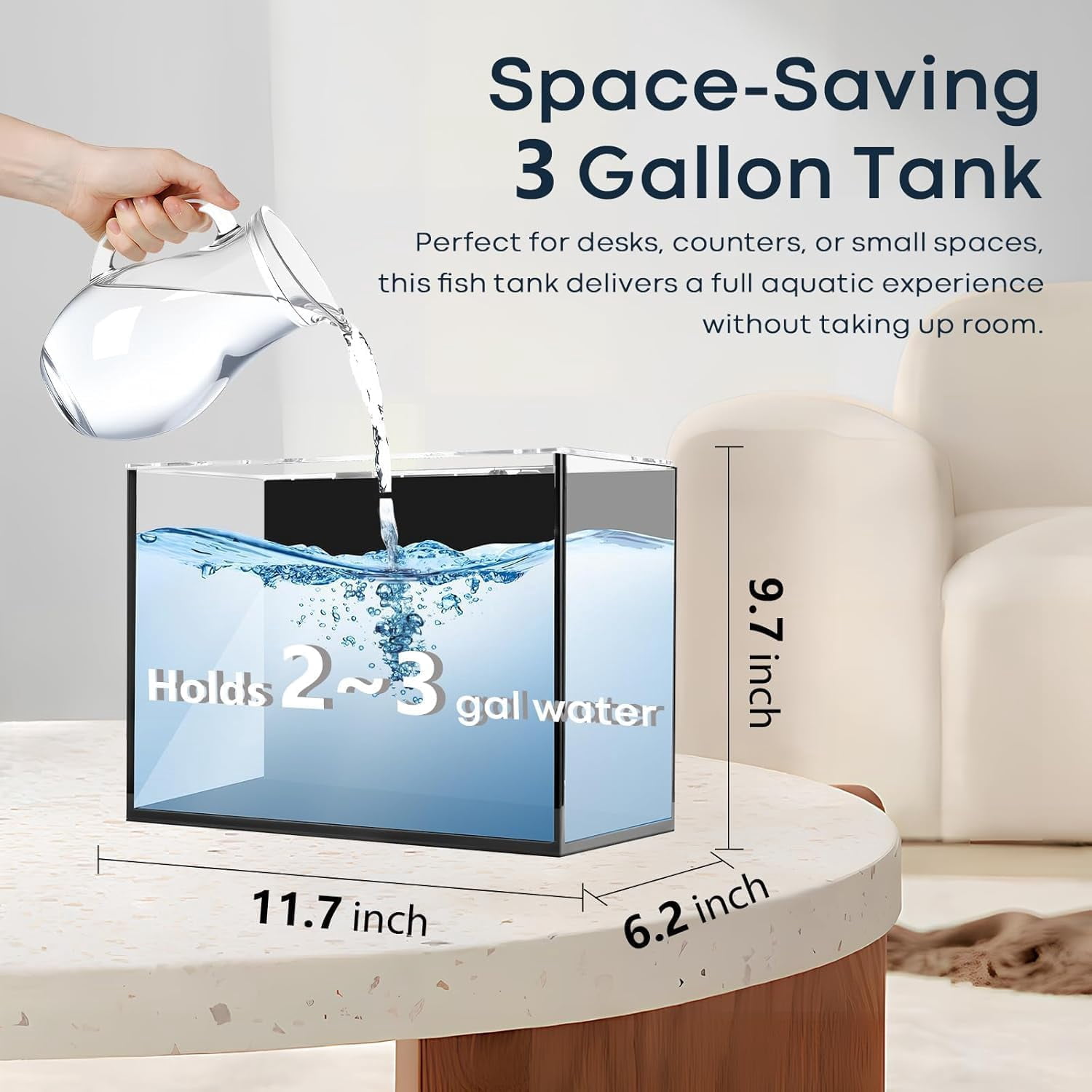 Desktop Small Aquarium Set Glass Fish Tank 1.25 Gallon, with Water Pump Filter Bright LED Light Gravel Cleaning Tool, Starter Kit Small Space Easy Setup Space-Saving Design Betta Shrimp