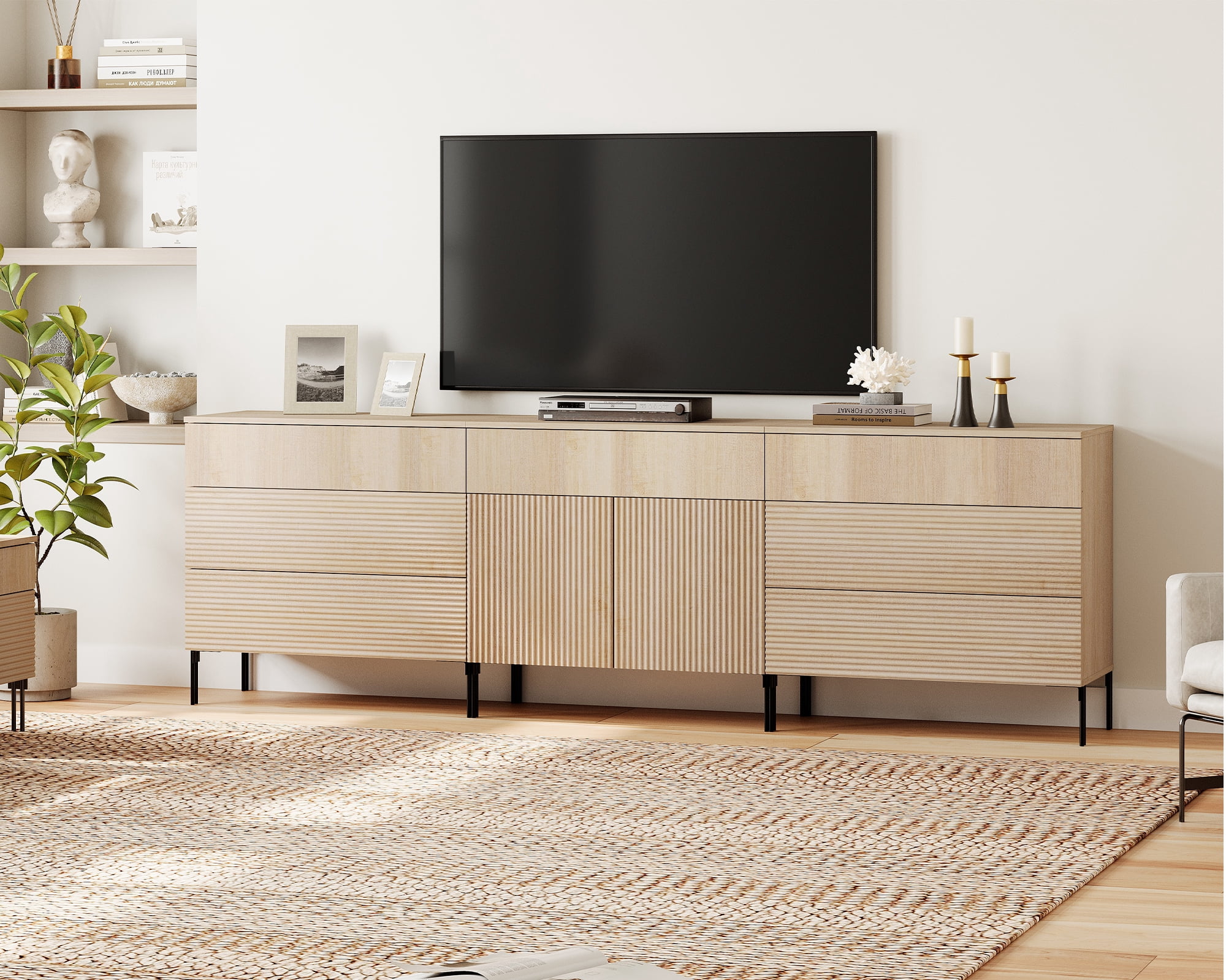 94.5" Reeded Accent Chest Set with Doors and Drawers, Modern Credenza Storage Cabinet with Metal Legs for Living Room, Kitchen, Dining Room, Hallway