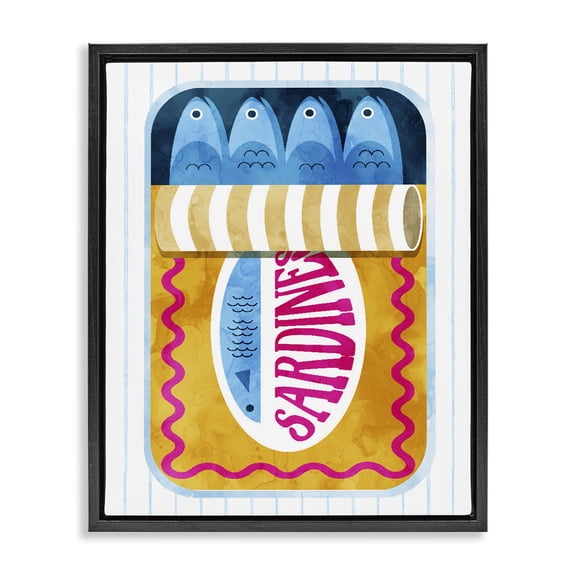 Yellow Sardine Tin over Stripes Black Framed Floater Canvas Wall Art, design by Daphne Polselli