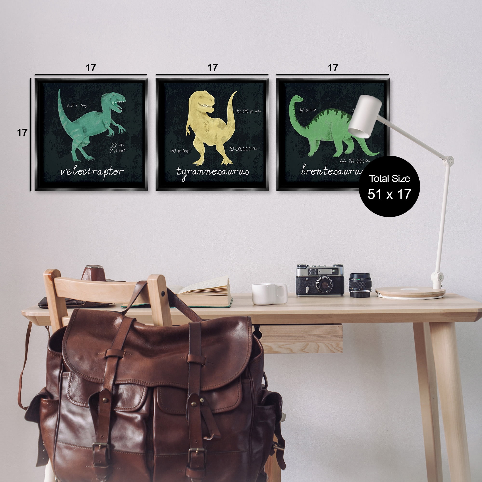 Stupell Industries Dinosaur Facts Chalk Inspired Design Animals & Insects Painting Black Floater Framed Canvas Art Print Wall Art, 18 x 18, Set of 3