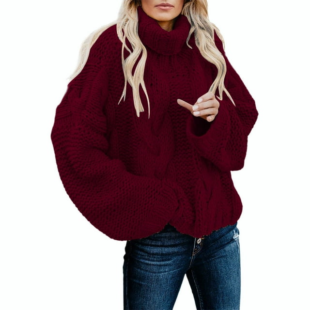 Lenpel Women's Turtleneck Sweaters Casual Long Sleeve Chunky Cable Knit Oversized Sweaters Loose Pullover Sweater Tops(Red,Large)