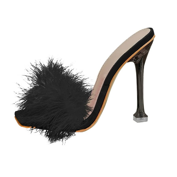 Mostsola Sandals for Women Stiletto Heels Open Square Toe Plush Slip on Dress Shoes Slippers