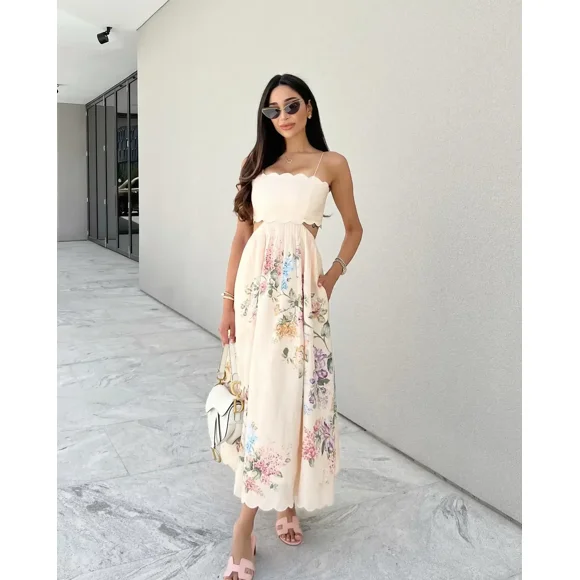 Fashion Flower Print Wave Edge Sling Dress Women Sexy Backless Hollow Waist A Line Dresses Female Fashion Holiday Vestidos Summer