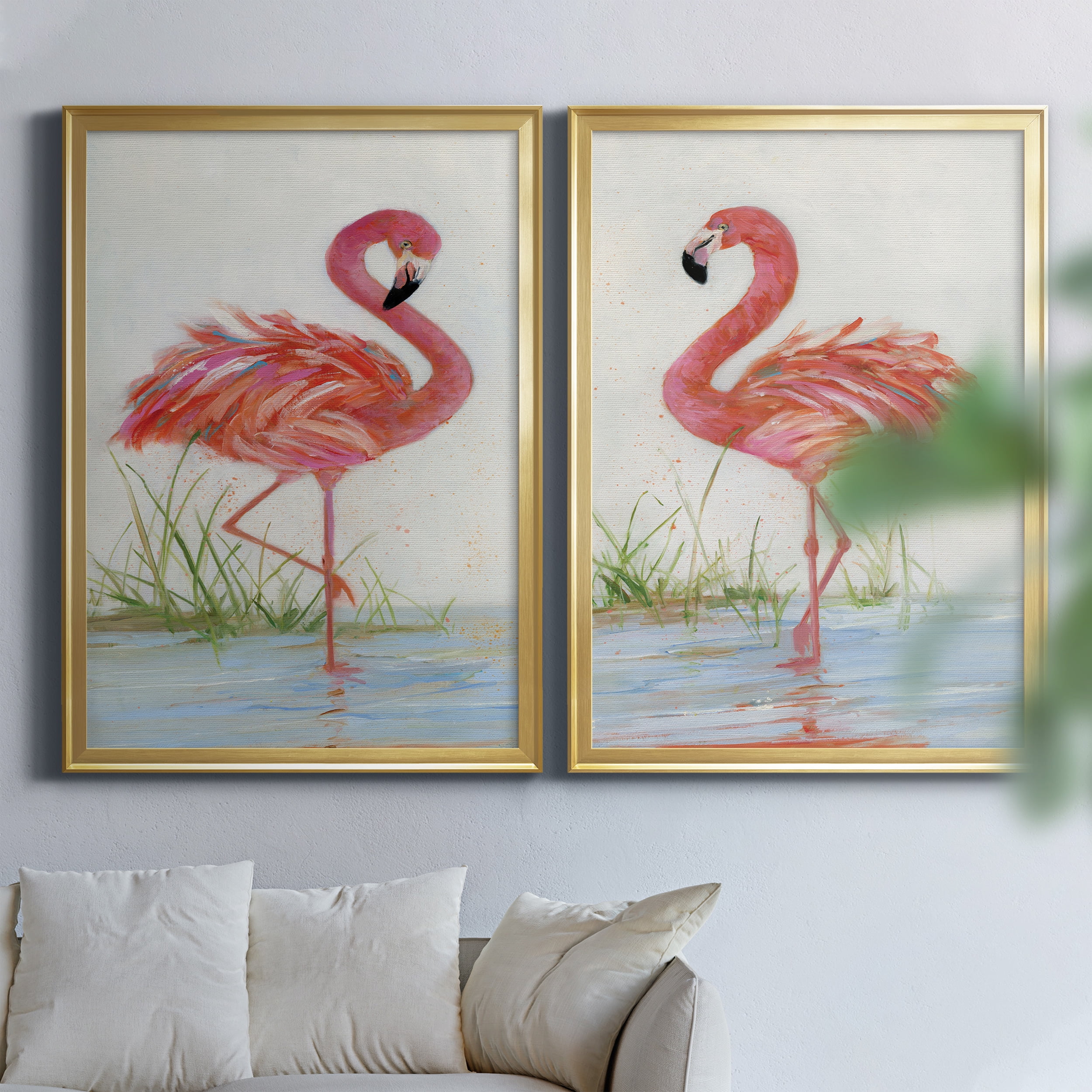 2 Piece Set Flamingo I Premium Framed Canvas - Ready to Hang - 26.5 x 36.5 Each - Gold Frame