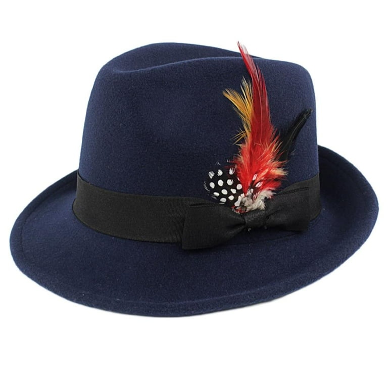 Men Fedora Hat Wool Felt Crushable Handmade Bowknot Feather Navy