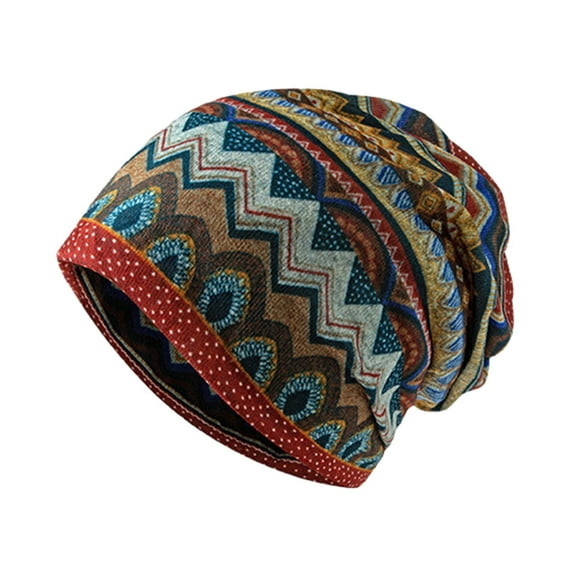 Unisex Winter Hat Vintage Ethnic Print Colorful Elastic Anti-slip Regular Fit Baggy Soft Warm Wide Band Colorfast Women Men Beanie