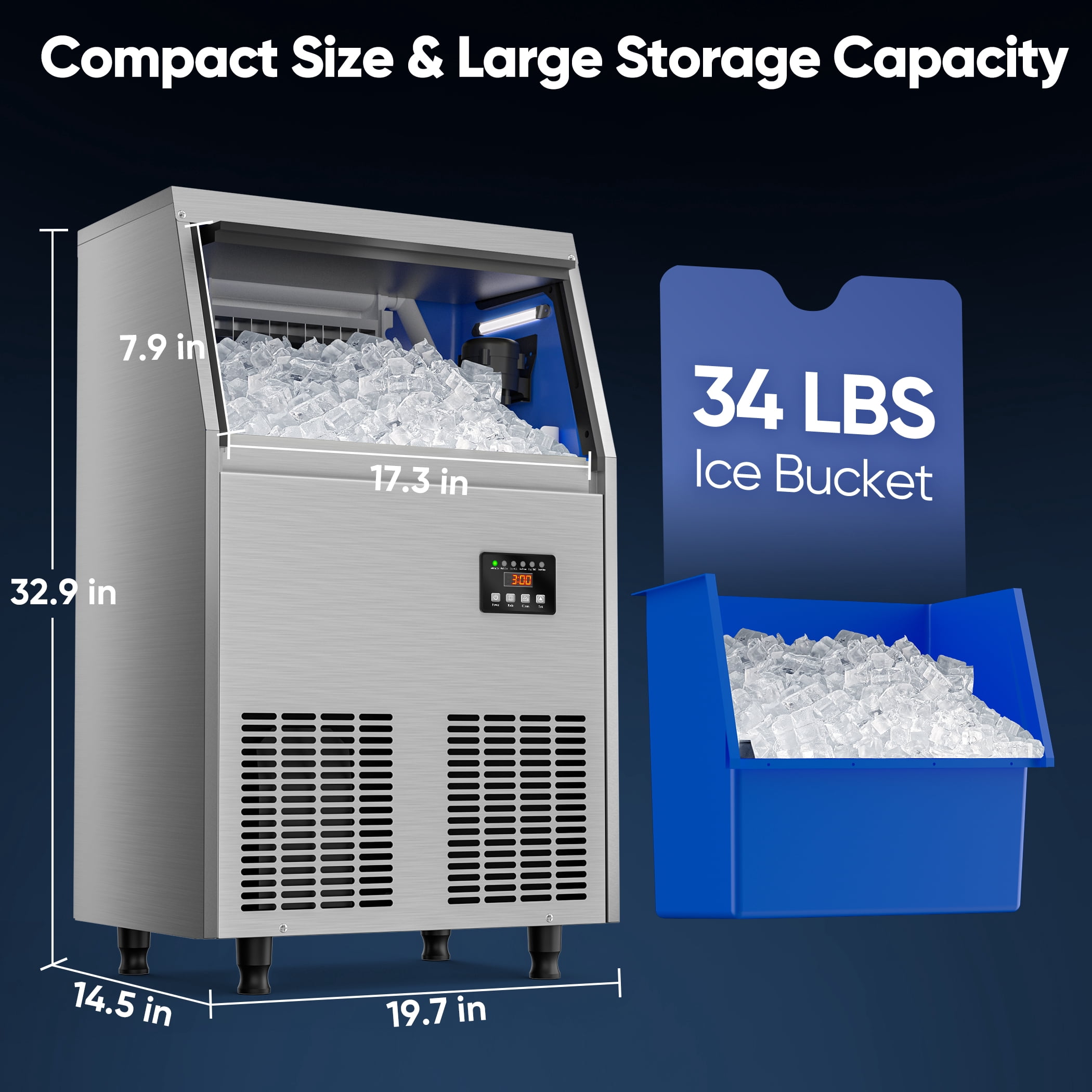 Coolski Commercial Ice Maker, 100 lbs/24H Under Counter Ice Machine, 34 lbs Bin