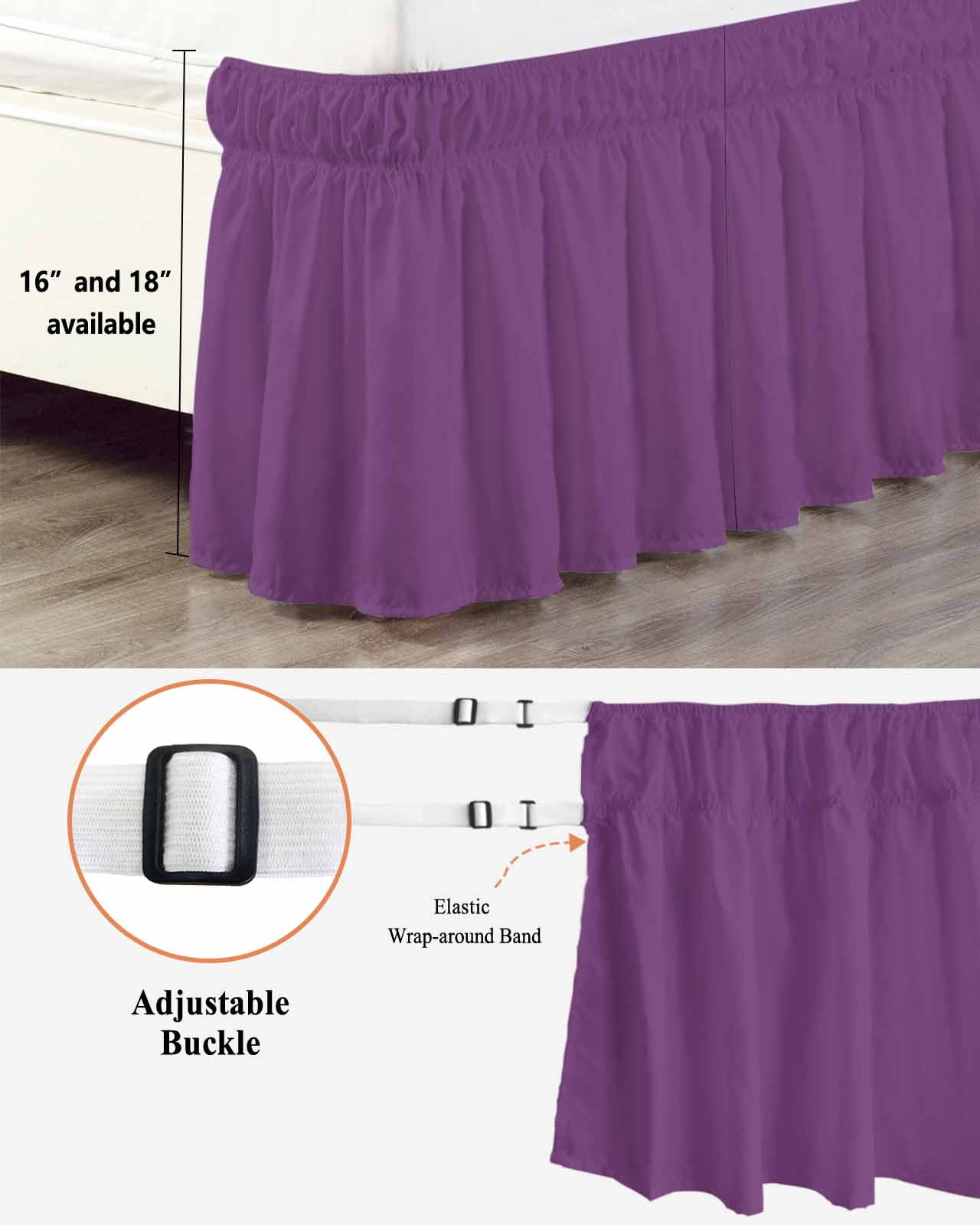 Purple Ruffle Bed Skirt Queen Size Simple Background Modern Solid Color Monochrome Adjustable Elastic Dust Bed Skirts Wrap Around Bedskirt Wrinkle Free Easy Fit with 18 Inch Drop