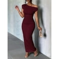 thumbnail image 4 of Women'S Elegant Maxi Dress Short Sleeve Bodycon Cocktail Prom Summer Oblique Off-Shoulder Wine Red XXL, 4 of 5