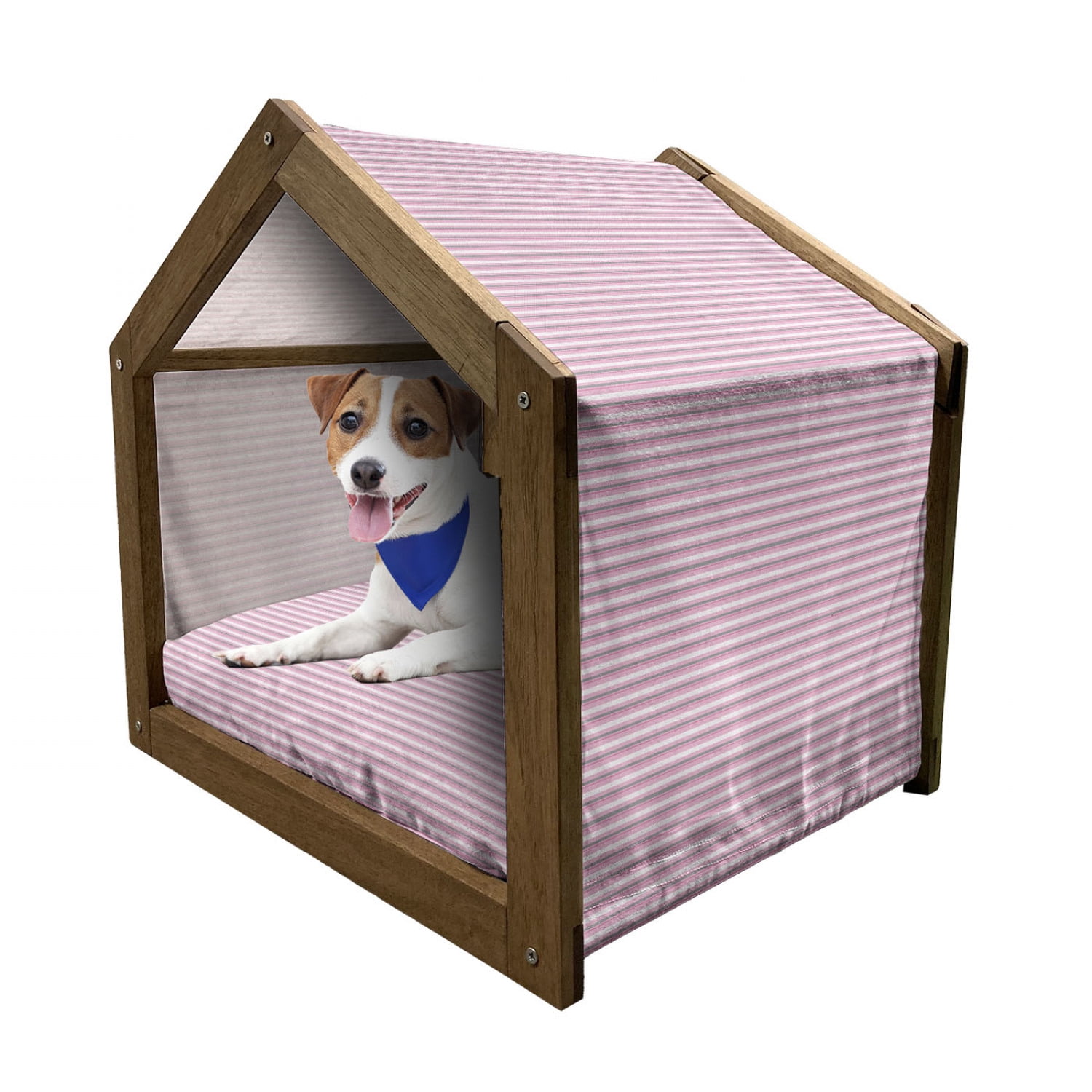 Floral Patterned Wooden Dog House with Canopy and Pillow