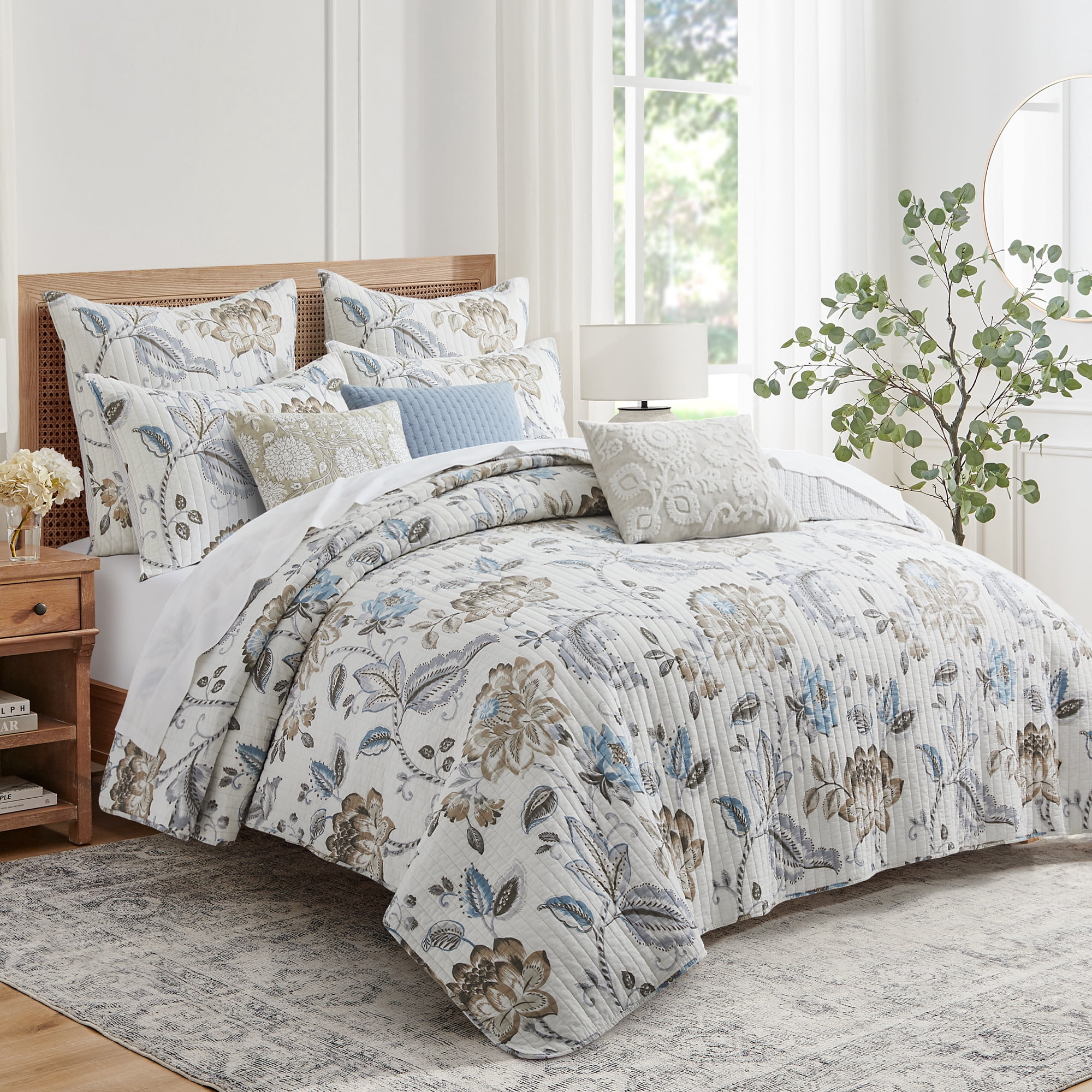 Levtex Home - Maileen Neutral Blue Quilt Set - King Quilt and Two King Shams - Floral - Taupe Blue and Cream - Quilt (106x92in.) and Shams (20x36in.) - Reversible - Cotton
