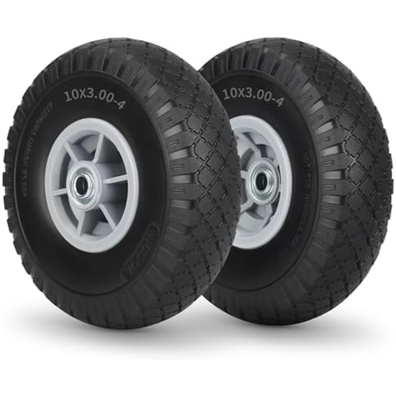 10x3.00-4 Flat Free Tire, 10" Heavy Duty Replacement Tire and Wheel Assemblies, Compatible Cosco Hand Trucks and Trolley Carts, 5/8" Axle Bore Hole, 2.2" Offset Hub, 2-Pack