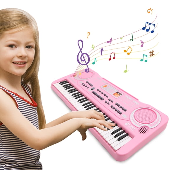 Electronic Kids Piano Keyboard, 61 Keys Music Keyboard with Microphone, Kids Musical Educational Instrument, Portable Electronic Piano for Beginners Girls And Boys, Pink