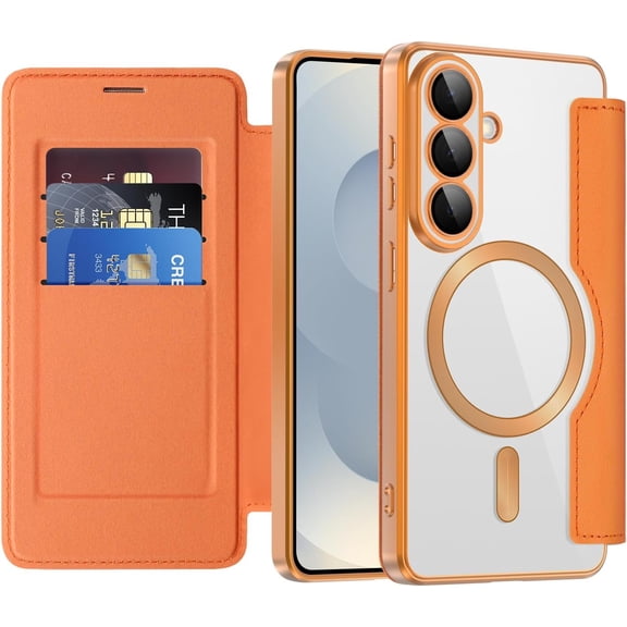 REQO Magnetic for Samsung Galaxy S26 Wallet Case with Card Holder [RFID Blocking ][Compatible with MagSafe] Leather Flip Clear TPU Protection Case for Samsung Galaxy S26