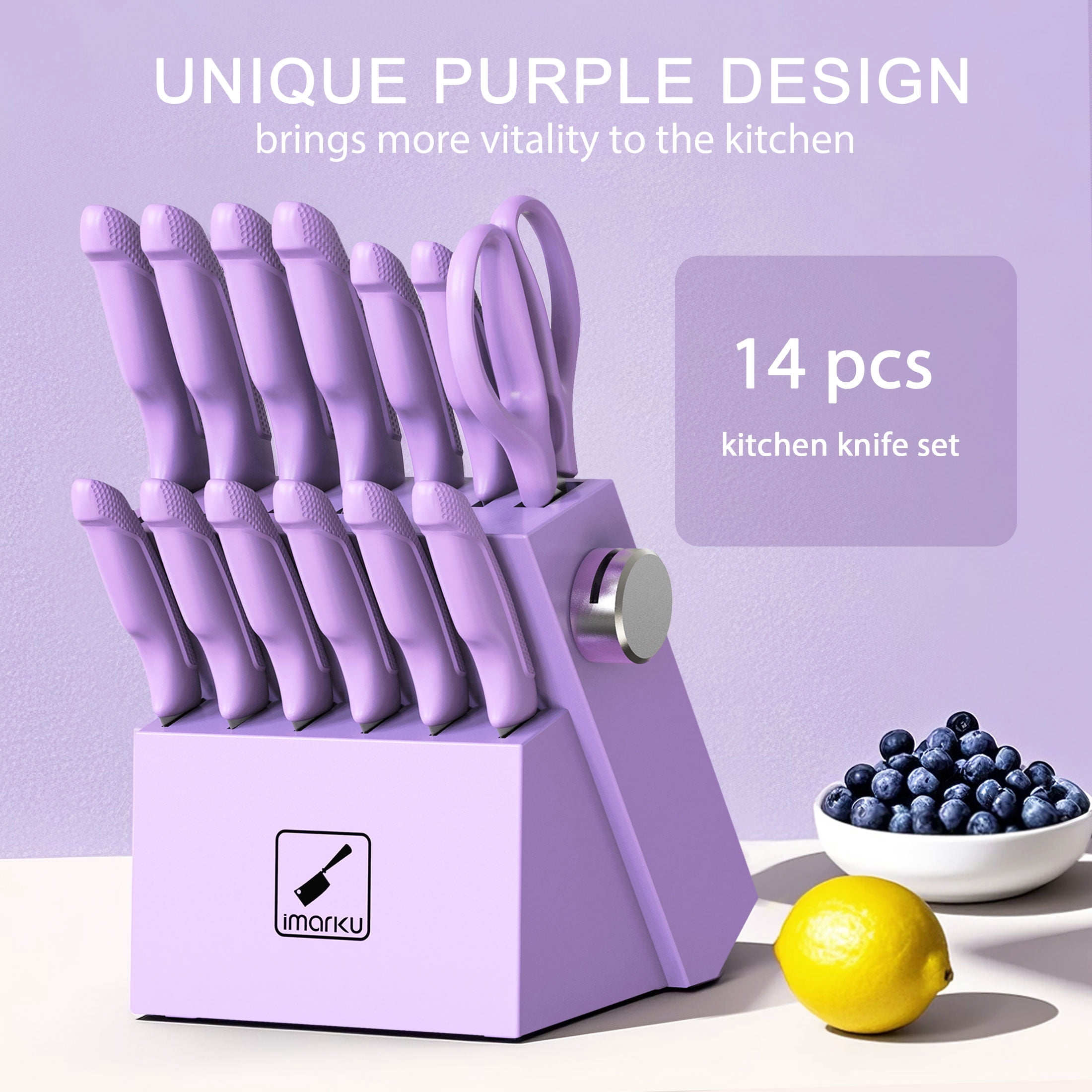 imarku 14-Piece Stainless Steel Kitchen Knife Block Set with Built-in Sharpener and Non-Slip Handles,Best Holiday Gifts,Purple,Fathers Day Gifts