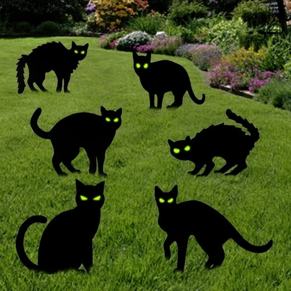 KORALAKIRI 6 pack Halloween Decorations Outdoor, Black Cat with Reflective Eyes for Garden Lawn,Halloween Yard Signs Stakes Scare Cat for Outdoor