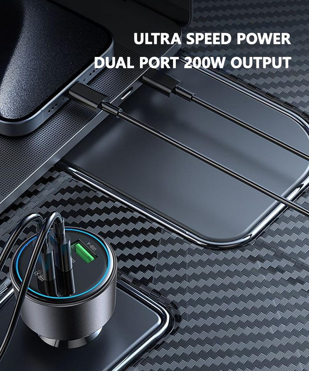200W Car Charger, USB C Car Charger PD3.0 QC4.0 PPS Fast Charging Car Adapter with 2 100W USB C Cable 3 Port Type C Cigarette Lighter for Dell XPS, MacBook, iPhone 16 15 14, Galaxy S24 Ultra
