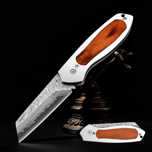 Folding Pocket Knife Damascus Blade Folding Knife with Wood Handle, Edc Utility Knife for Outdoor Camping Hunting Knife, Daily Carry Collection Gift