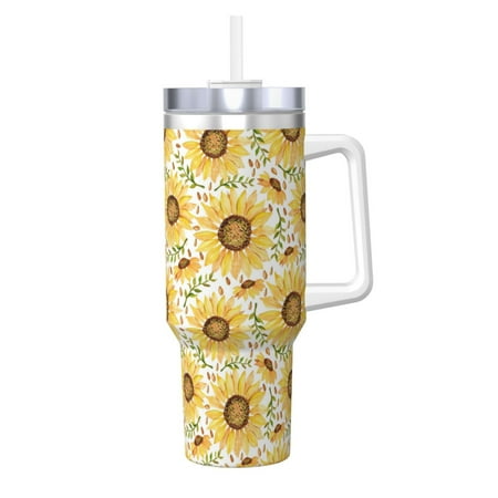 

Goofa Watercolor With Sunflowers Print 40oz Ice Bully With Handle And Straw Stainless Steel Vacuum Insulated Cup And 2 In 1 Straw Lid