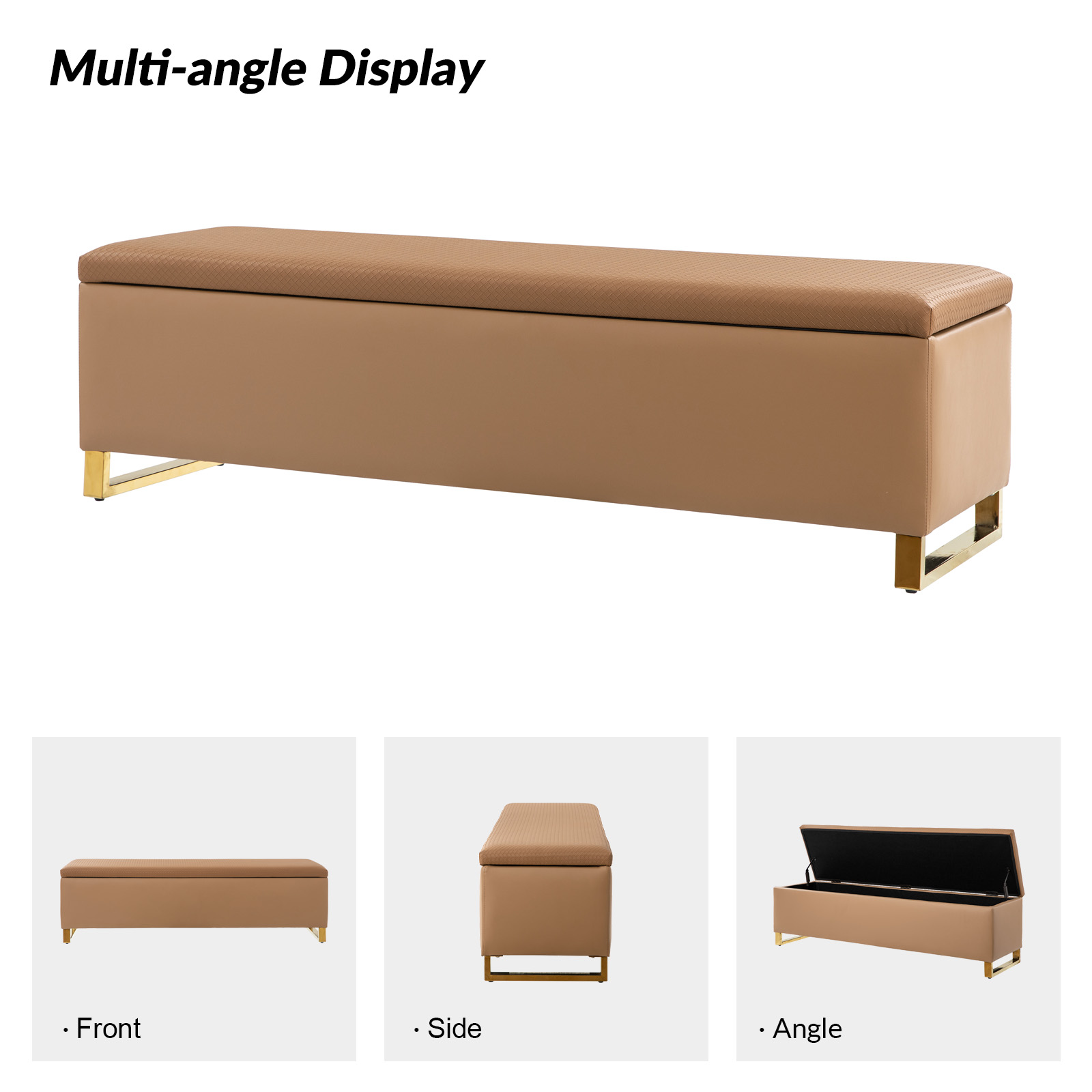 Tina's Home 60" Storage Bench Ottoman with 2 Footstools Stainless steel legs cushion with diamond-shaped woven pattern Bedroom Camel