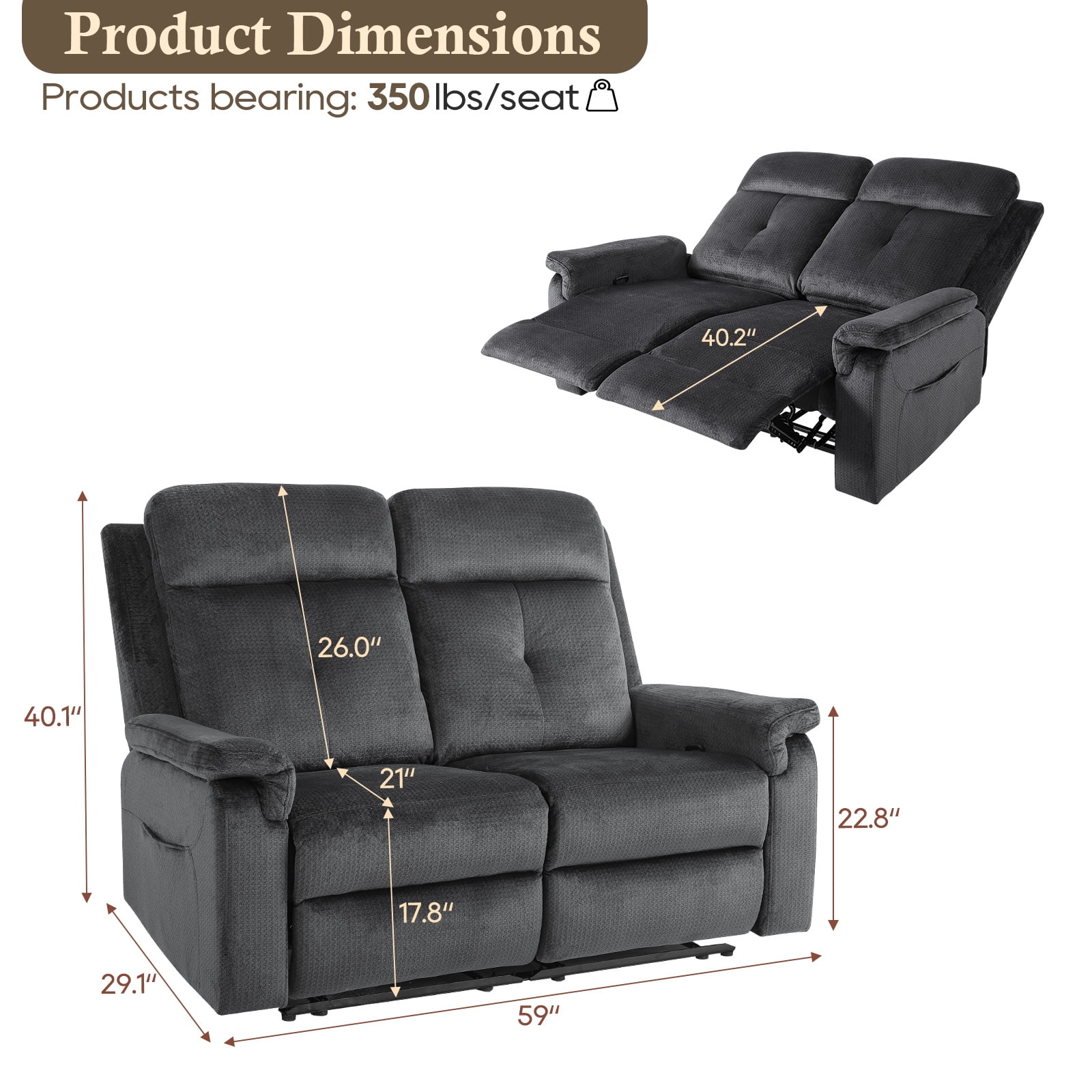 Fabric Loveseat Recliner Sofa with Heat and Massage, Wall Hugger Loveseat Recliner with Side Pocket, Reclining Loveseat for Living Room, Home Theater, RV