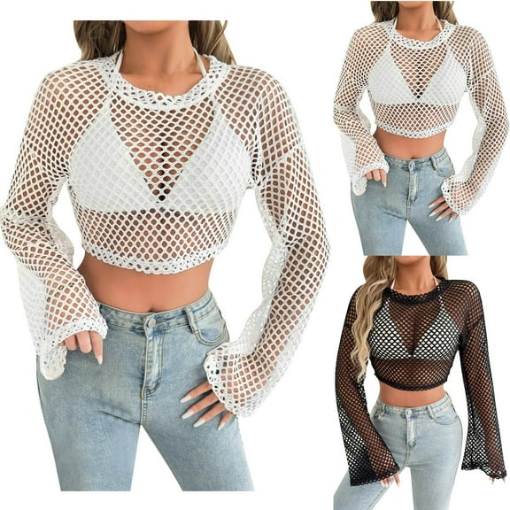 Dagugfen Fishnet Top for Women Long Sleeve Crew Neck Mesh Loose Trendy Casual Long Sleeve Crop Tops