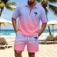 thumbnail image 2 of Men Shorts Outfit Gradient Ombre Waffle Knit 2 Piece Set,Zip Polo With Los Angeles Letter Print & Drawstring Purple XXL, 2 of 4