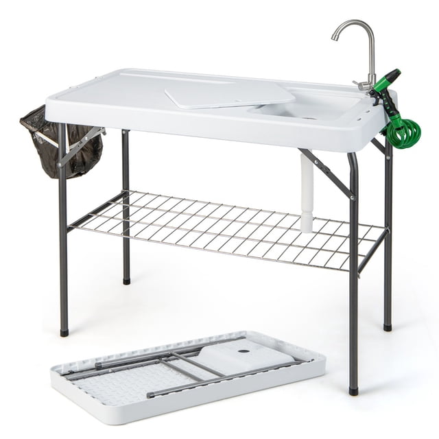 Costway Mesa Plegable Portátil de Fregadero para Camping con Grifo Manguera de Drenaje 107,5 x 57,5 x 87 cm Blanco y Negro