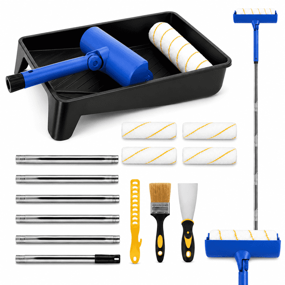 TEIPUERY 10-Piece Paint Roller Kit with Extension Poles, Tray, Roller Covers, Brush and Scraper for Wall, Ceiling and Home Improvement