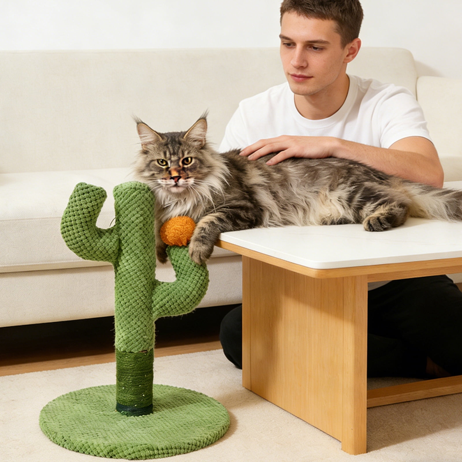 Cactus Cat Scratching Post with Sisal Rope, Stable Interactive Cat Tree with Hanging Ball for Indoor Cats, Durable Furniture Protector for Kittens and Adult Cats, Green Pet Toy, M