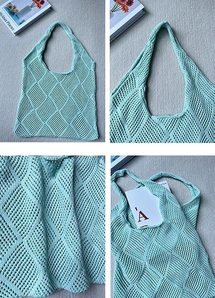 Kukuzhu Women Crochet Shoulder Bag Crochet Mesh Tote Bag Knit Hobo Bag Aesthetic Shoulder Handbag Woven Shopping Bags
