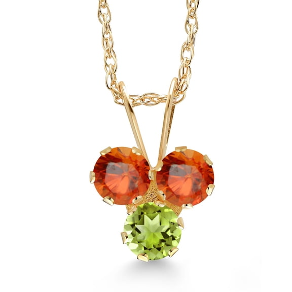 Gem Stone King 14K Yellow Gold Orange Sapphire and Green Peridot 3-Stone Pendant Necklace for Women (0.44 Cttw, Gemstone September Birthstone, Round 3MM, 18 inch Chain)
