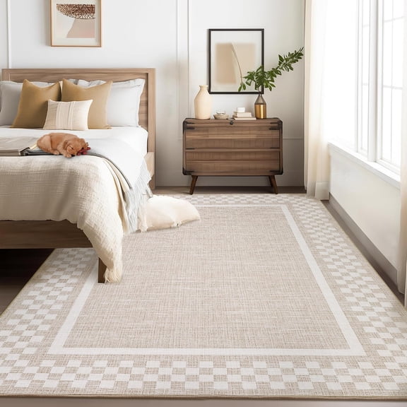 5x7 Washable Area Rug for Bedroom Living Room Non Slip Modern Bordered Throw Rugs Low Pile Soft Checkered Dining Room Area Rugs Geometric Throw Carpet for Kitchen Nursery Office, Beige