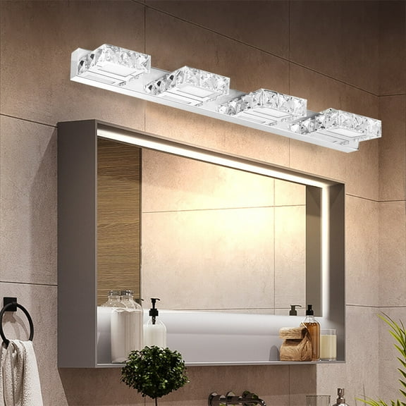 24.4 inch Crystal Vanity Light 4 Lights Bathroom Lighting Fixtures Modern Chrome Toilet LED Wall Lamp Sconce Over Mirror for Indoor Washroom Bathroom (4 Head Square Cold Light)
