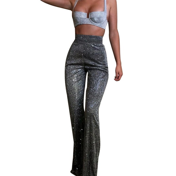 LAPA Women Sexy Metallic Sparkly Wide Leg Pants Bling Flared Trousers ...
