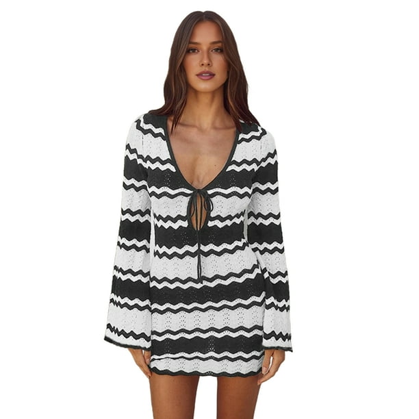 Traje de Baño de Crochet para Mujer, Traje de Baño de Punto Calado, Traje de Baño de Verano de , Traje de Baño de Bikini. y Negro M