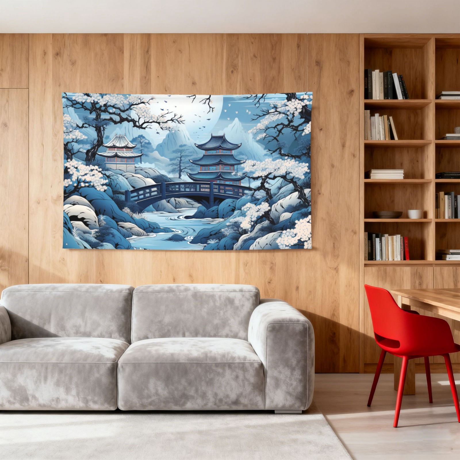 Chinese Style Powder Chinoiserie Toile Blue Four Hole Decorated Banner Flag for Garden Yard Home Decoration Indoor Outdoor 4x6 Ft