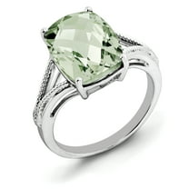 Sterling Silver Rhodium Checker-Cut Green Quartz Ring QR3195AG