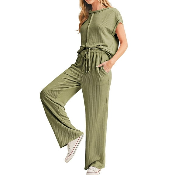 Women'S Two-Piece Casual Ribbed Knit Short-Sleeved Top, Wide-Leg Pants, Home Wear, Travel Sportswear Green S